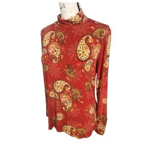 Johnny Was Red Paisley Mock Neck Long Sleeve Top Size S